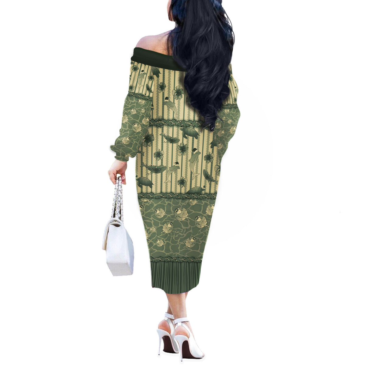 Hawaii Christmas In July Off The Shoulder Long Sleeve Dress Olive Green Mele Kalikimaka Sea Animals
