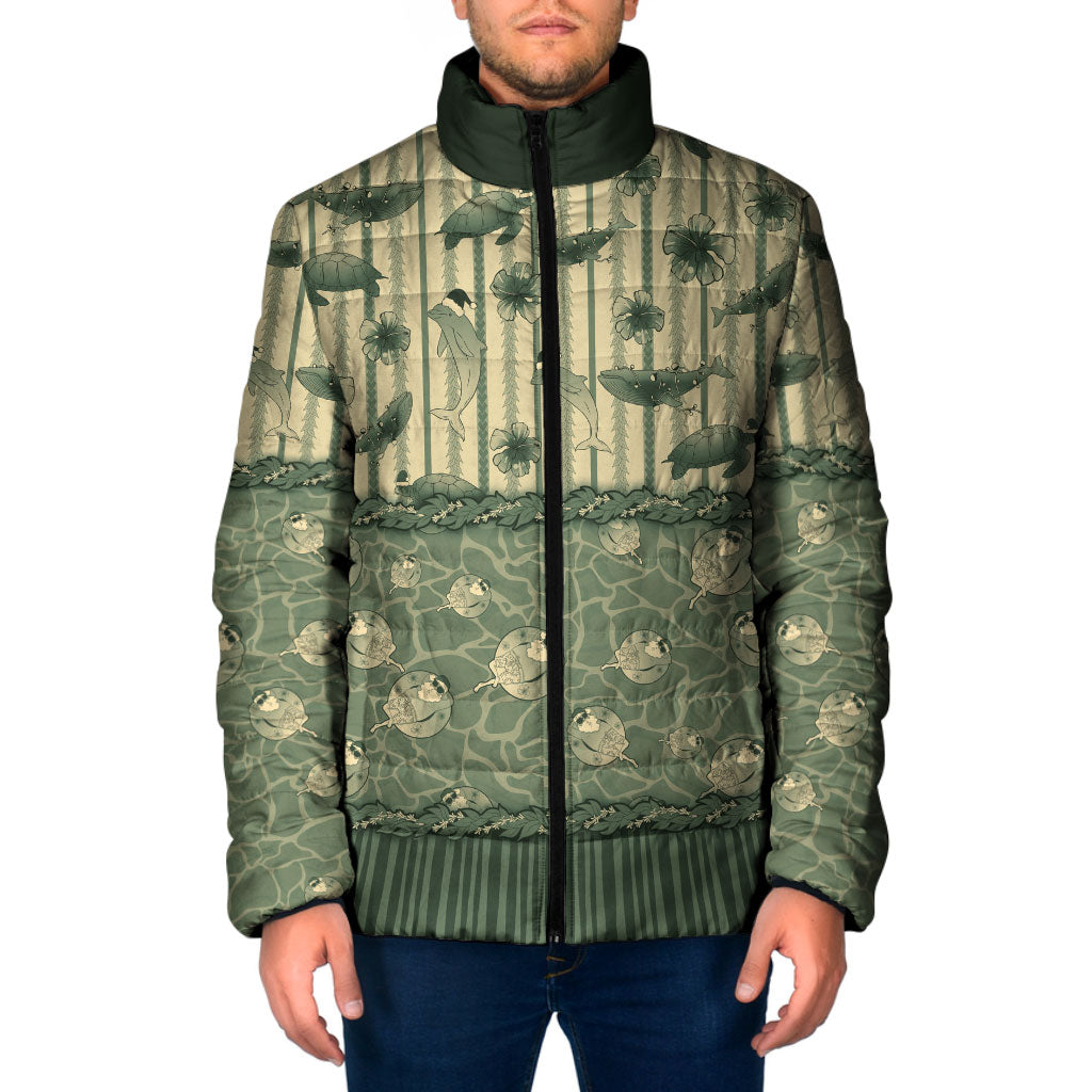 Hawaii Christmas In July Padded Jacket Olive Green Mele Kalikimaka Sea Animals