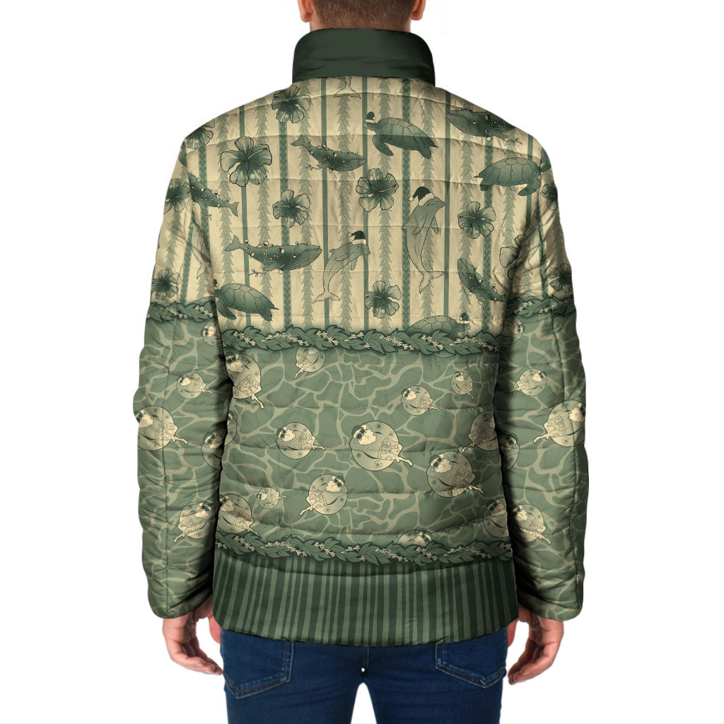 Hawaii Christmas In July Padded Jacket Olive Green Mele Kalikimaka Sea Animals