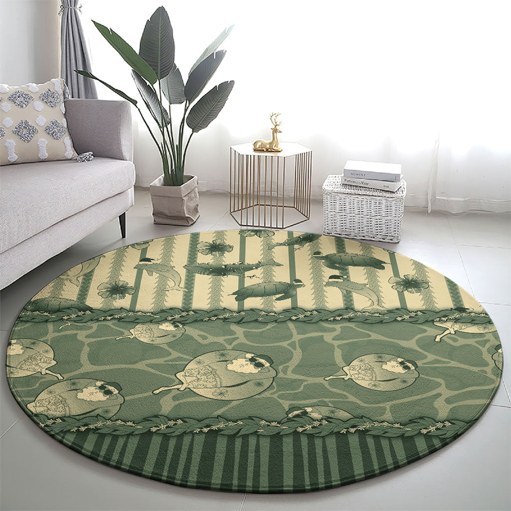 Hawaii Christmas In July Round Carpet Olive Green Mele Kalikimaka Sea Animals