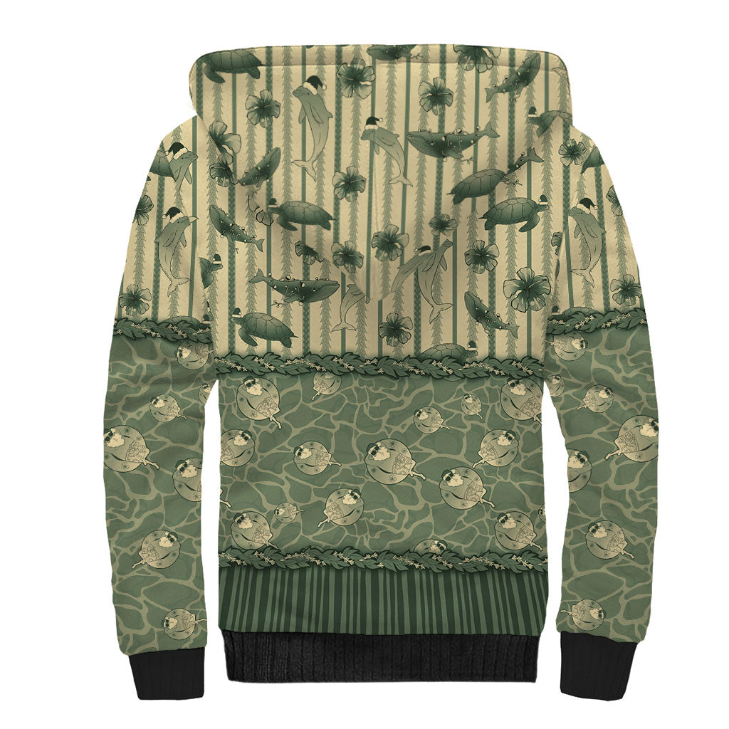 Hawaii Christmas In July Sherpa Hoodie Olive Green Mele Kalikimaka Sea Animals