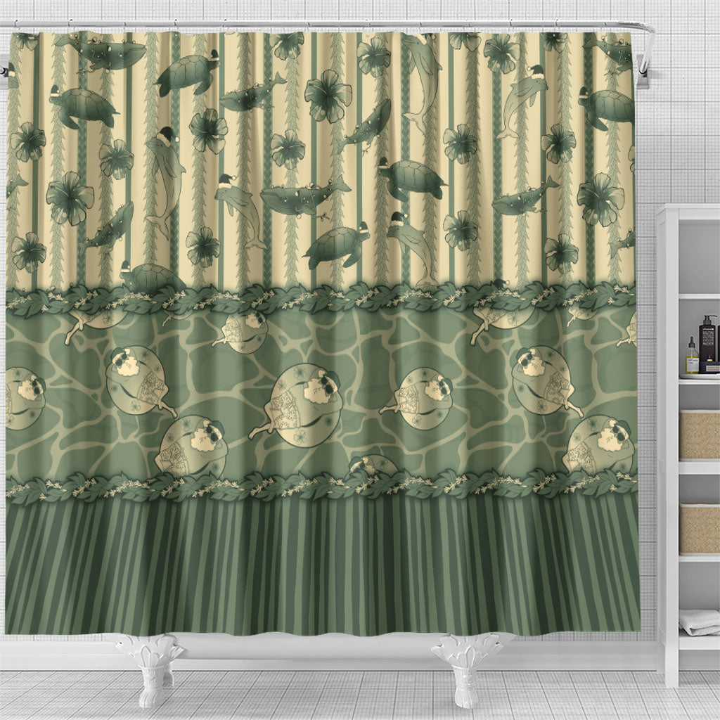Hawaii Christmas In July Shower Curtain Olive Green Mele Kalikimaka Sea Animals