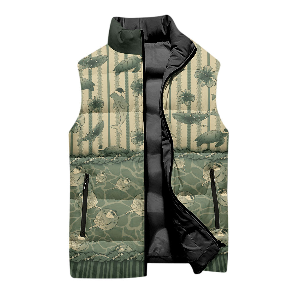 Hawaii Christmas In July Sleeveless Puffer Jacket Olive Green Mele Kalikimaka Sea Animals