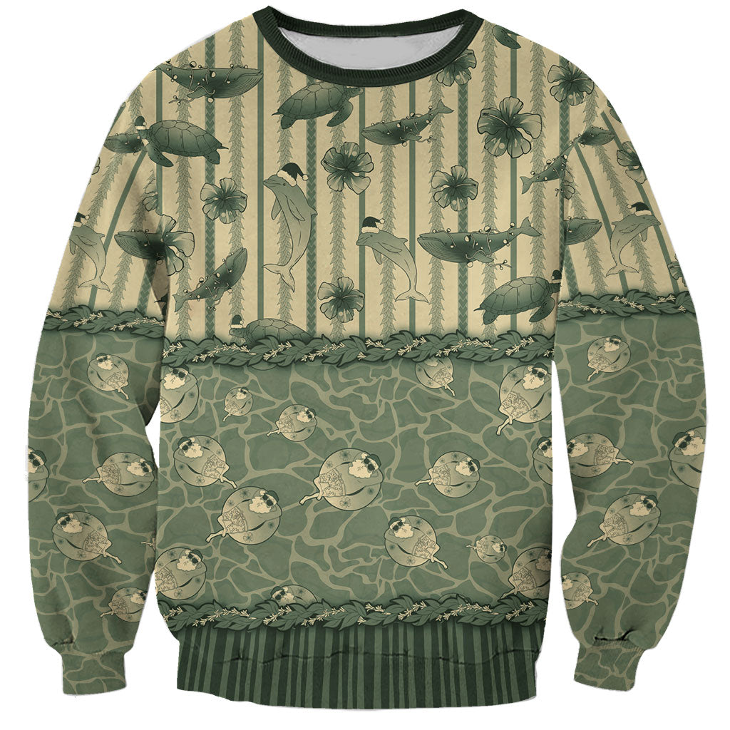 Hawaii Christmas In July Sweatshirt Olive Green Mele Kalikimaka Sea Animals