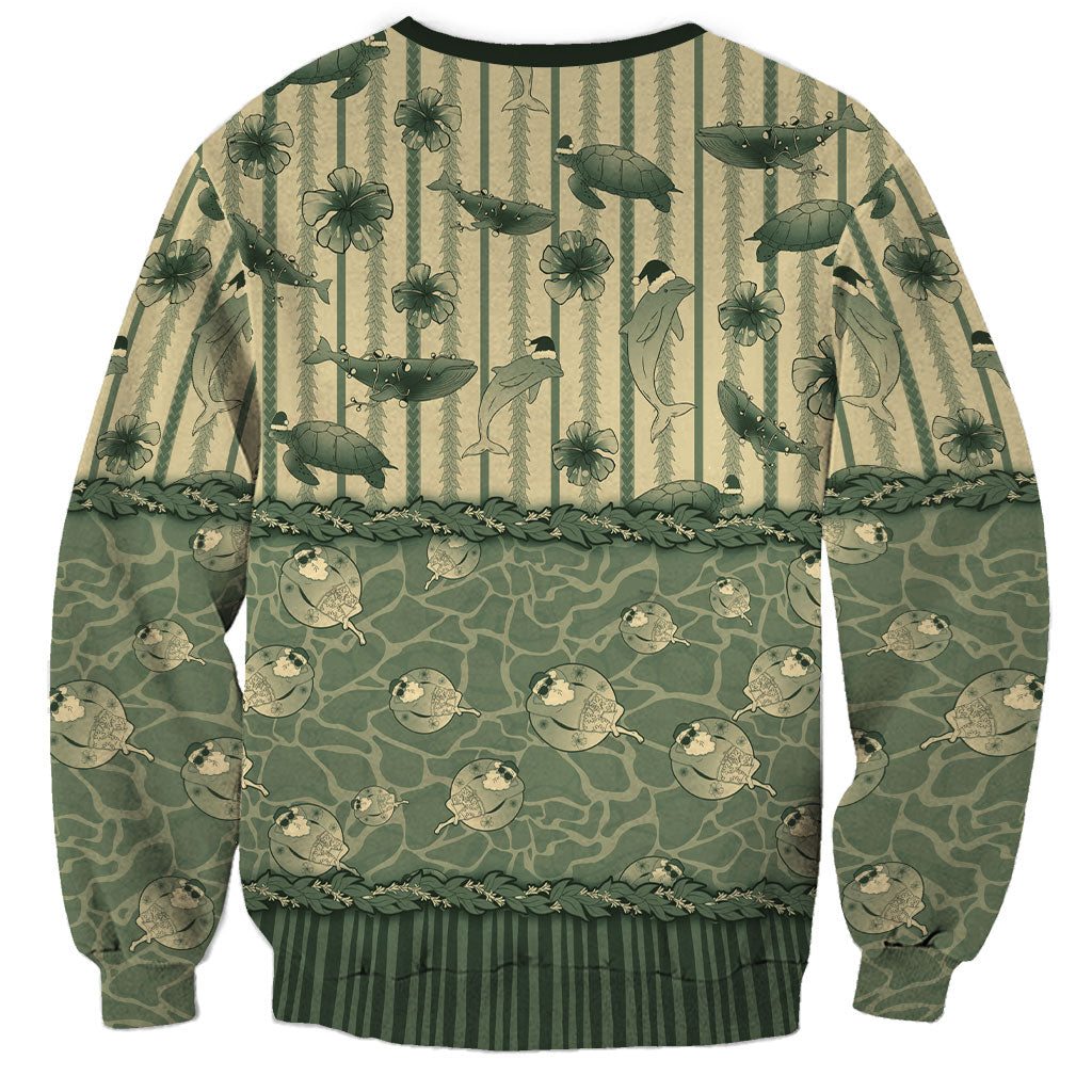 Hawaii Christmas In July Sweatshirt Olive Green Mele Kalikimaka Sea Animals