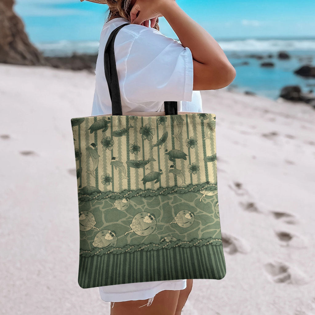 Hawaii Christmas In July Tote Bag Olive Green Mele Kalikimaka Sea Animals