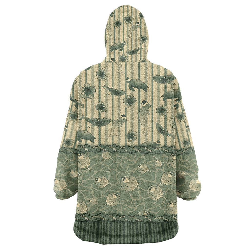 Hawaii Christmas In July Wearable Blanket Hoodie Olive Green Mele Kalikimaka Sea Animals