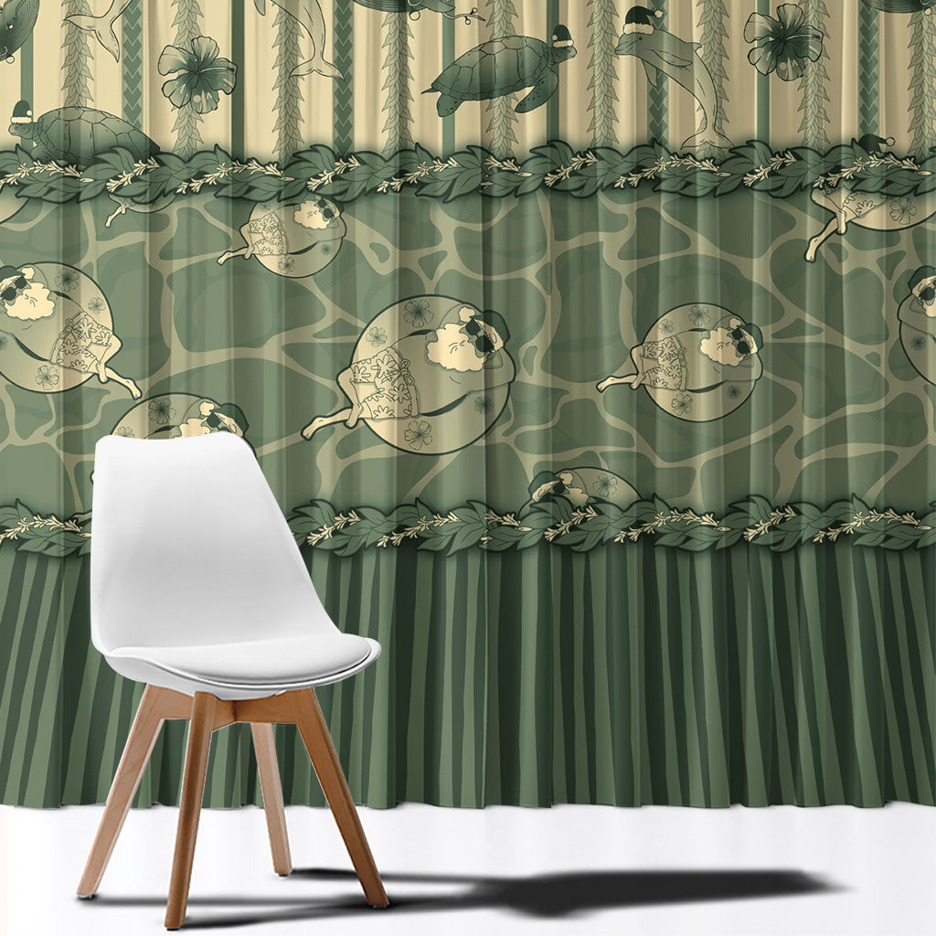 Hawaii Christmas In July Window Curtain Olive Green Mele Kalikimaka Sea Animals DT05 - Polynesian Pride