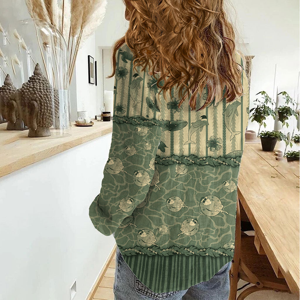 Hawaii Christmas In July Women Casual Shirt Olive Green Mele Kalikimaka Sea Animals