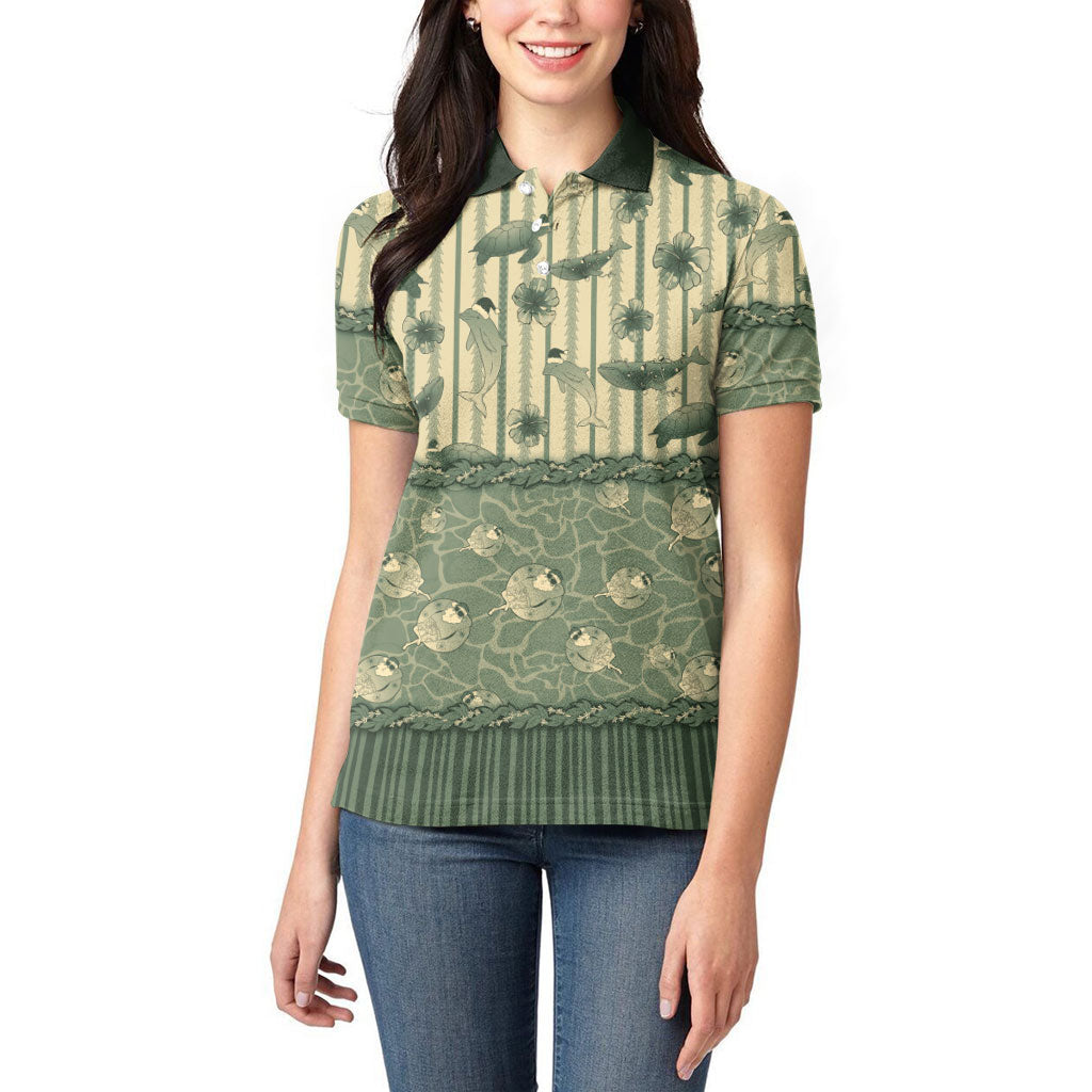 Hawaii Christmas In July Women Polo Shirt Olive Green Mele Kalikimaka Sea Animals