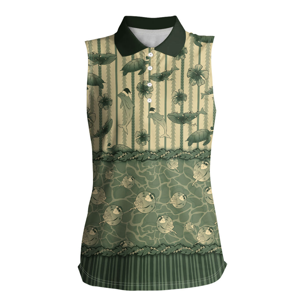 Hawaii Christmas In July Women Sleeveless Polo Shirt Olive Green Mele Kalikimaka Sea Animals