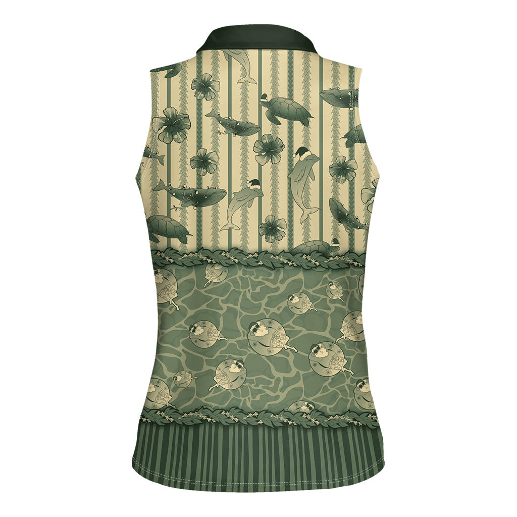 Hawaii Christmas In July Women Sleeveless Polo Shirt Olive Green Mele Kalikimaka Sea Animals