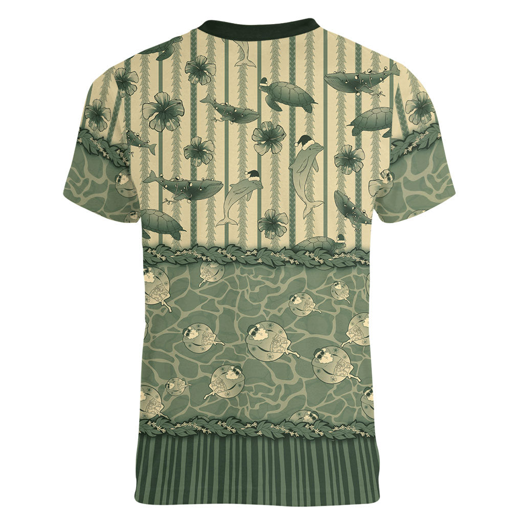 Hawaii Christmas In July Women V-Neck T-Shirt Olive Green Mele Kalikimaka Sea Animals