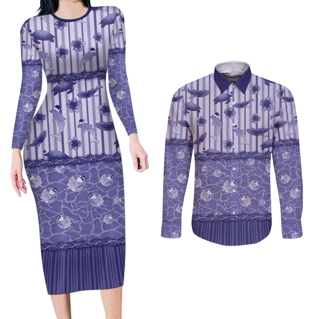 Hawaii Christmas In July Couples Matching Long Sleeve Bodycon Dress and Long Sleeve Button Shirt Amethyst Purple Mele Kalikimaka Sea Animals