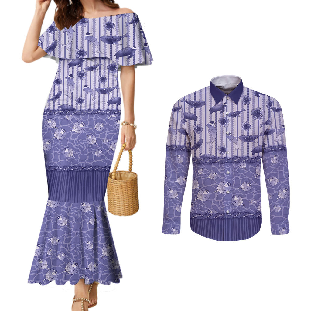 Hawaii Christmas In July Couples Matching Mermaid Dress and Long Sleeve Button Shirt Amethyst Purple Mele Kalikimaka Sea Animals