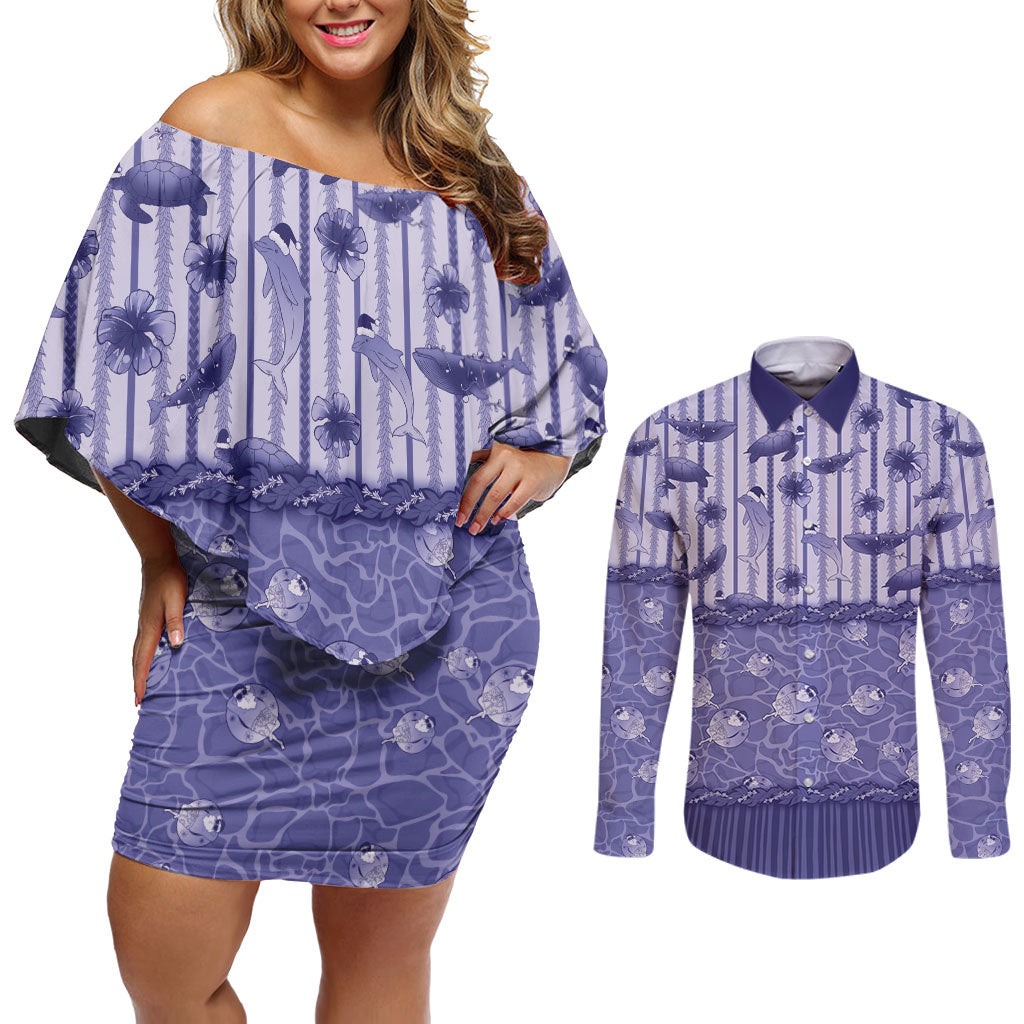 Hawaii Christmas In July Couples Matching Off Shoulder Short Dress and Long Sleeve Button Shirt Amethyst Purple Mele Kalikimaka Sea Animals