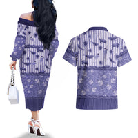 Hawaii Christmas In July Couples Matching Off The Shoulder Long Sleeve Dress and Hawaiian Shirt Amethyst Purple Mele Kalikimaka Sea Animals