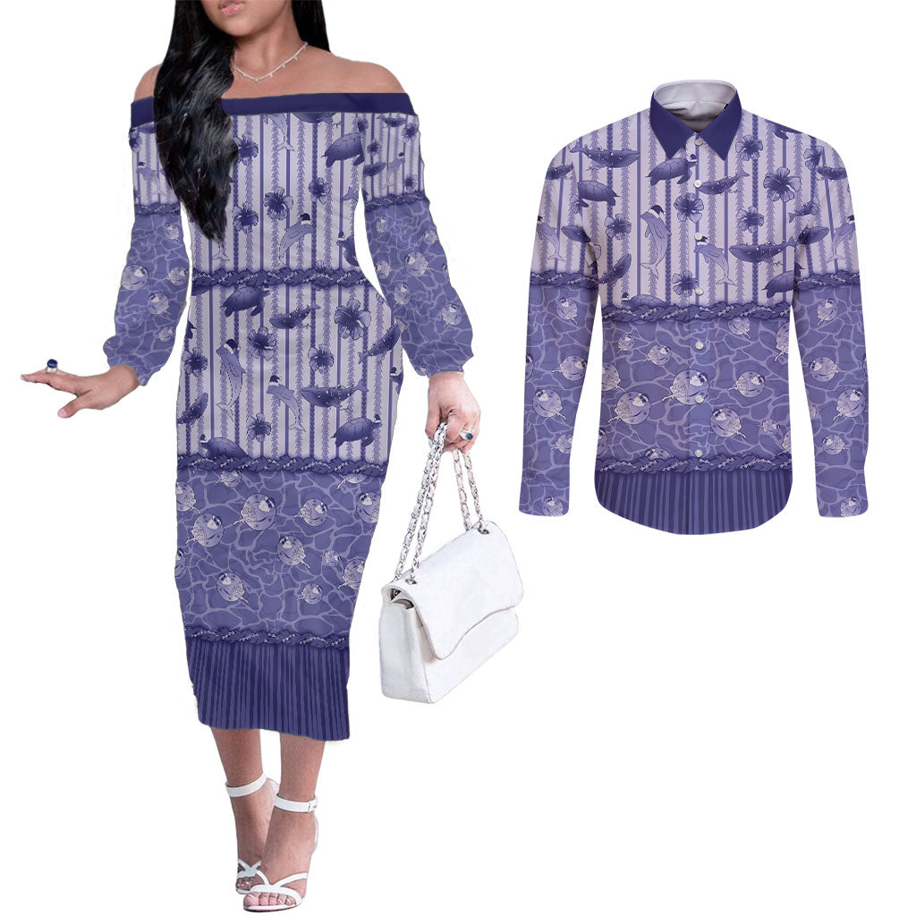 Hawaii Christmas In July Couples Matching Off The Shoulder Long Sleeve Dress and Long Sleeve Button Shirt Amethyst Purple Mele Kalikimaka Sea Animals