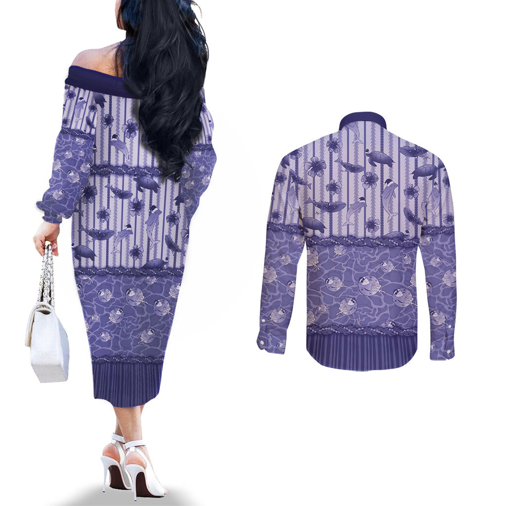 Hawaii Christmas In July Couples Matching Off The Shoulder Long Sleeve Dress and Long Sleeve Button Shirt Amethyst Purple Mele Kalikimaka Sea Animals