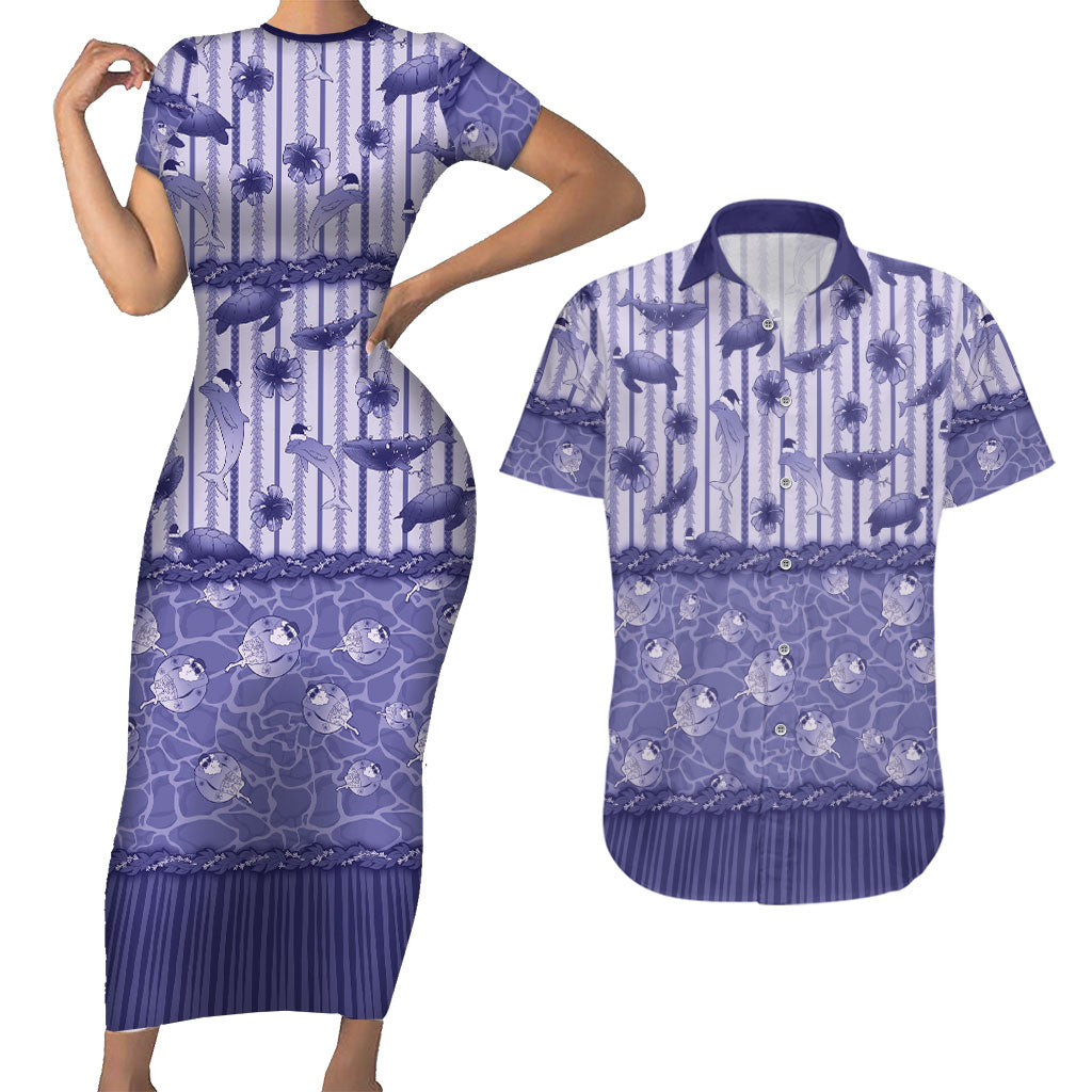 Hawaii Christmas In July Couples Matching Short Sleeve Bodycon Dress and Hawaiian Shirt Amethyst Purple Mele Kalikimaka Sea Animals