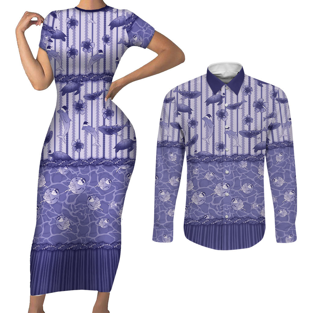 Hawaii Christmas In July Couples Matching Short Sleeve Bodycon Dress and Long Sleeve Button Shirt Amethyst Purple Mele Kalikimaka Sea Animals