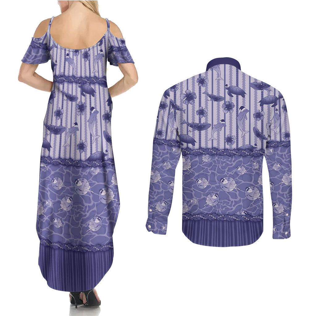 Hawaii Christmas In July Couples Matching Summer Maxi Dress and Long Sleeve Button Shirt Amethyst Purple Mele Kalikimaka Sea Animals