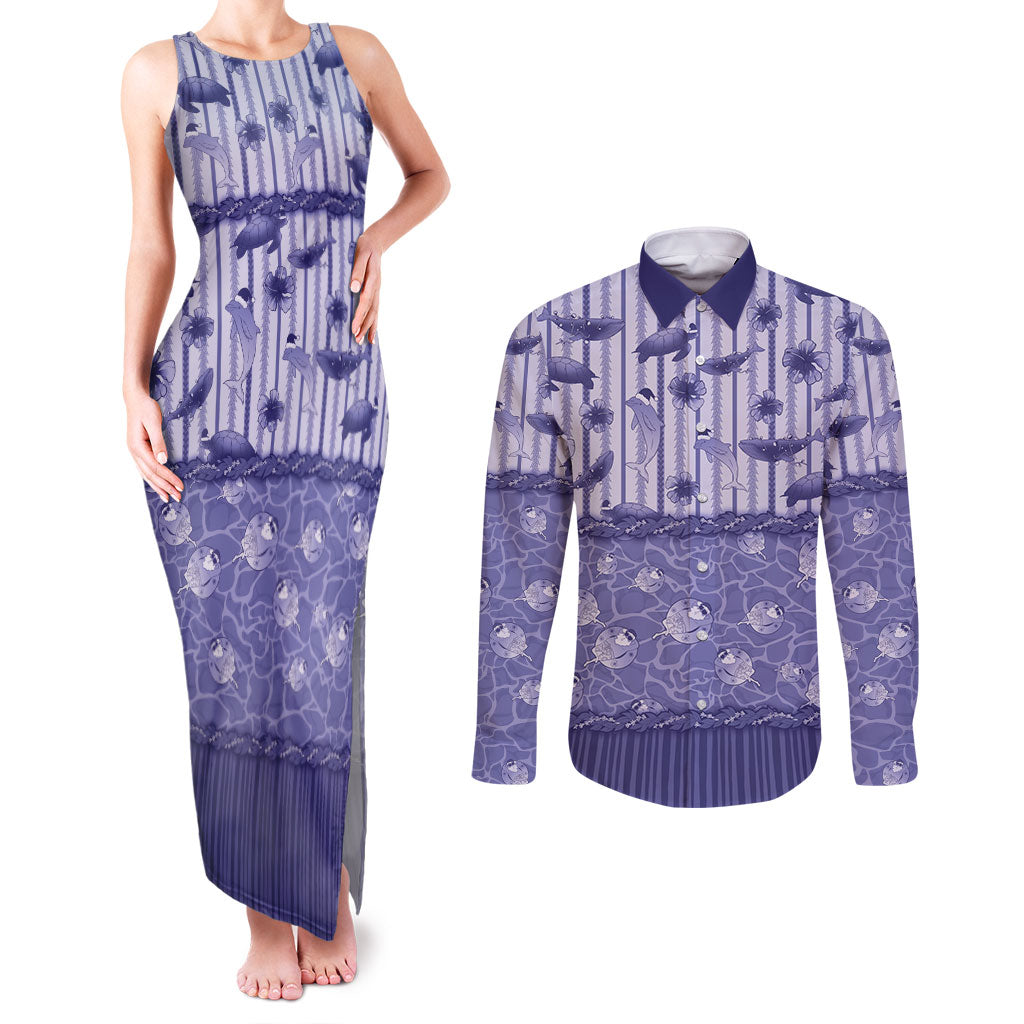 Hawaii Christmas In July Couples Matching Tank Maxi Dress and Long Sleeve Button Shirt Amethyst Purple Mele Kalikimaka Sea Animals