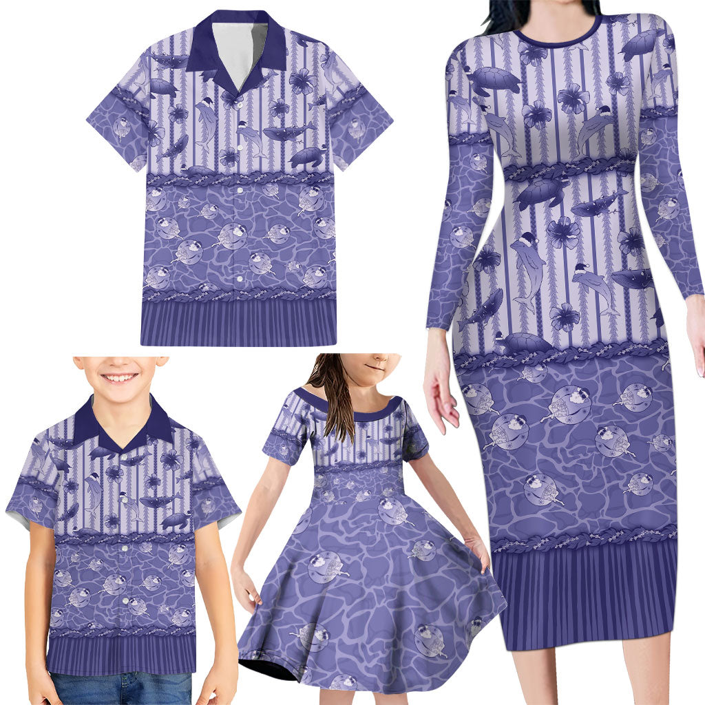 Hawaii Christmas In July Family Matching Long Sleeve Bodycon Dress and Hawaiian Shirt Amethyst Purple Mele Kalikimaka Sea Animals