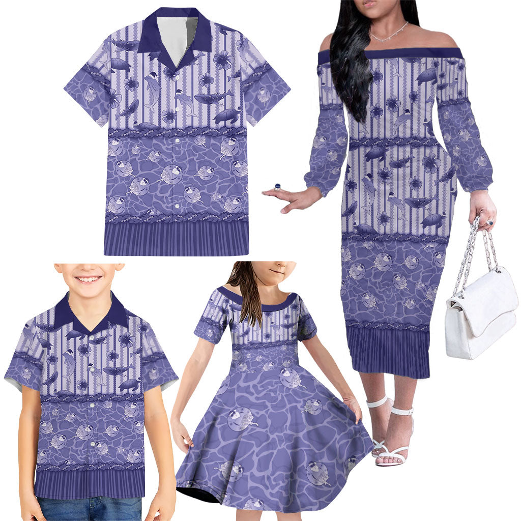 Hawaii Christmas In July Family Matching Off The Shoulder Long Sleeve Dress and Hawaiian Shirt Amethyst Purple Mele Kalikimaka Sea Animals