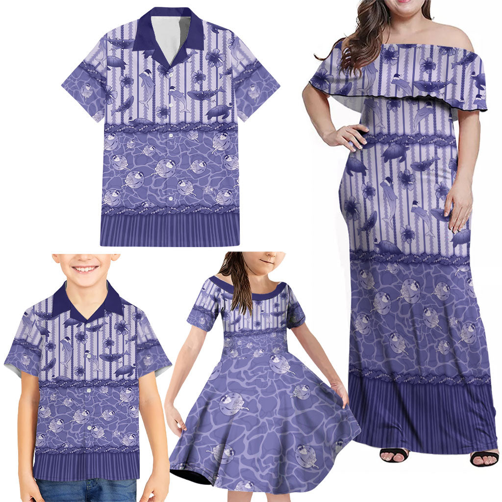 Hawaii Christmas In July Family Matching Off Shoulder Maxi Dress and Hawaiian Shirt Amethyst Purple Mele Kalikimaka Sea Animals