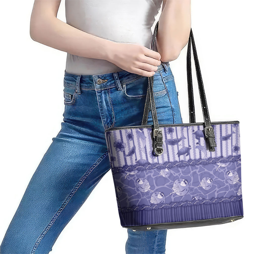 Hawaii Christmas In July Leather Tote Bag Amethyst Purple Mele Kalikimaka Sea Animals