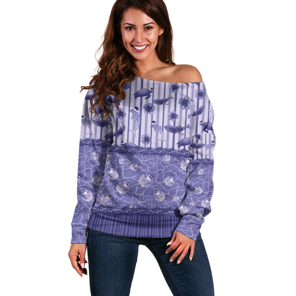 Hawaii Christmas In July Off Shoulder Sweater Amethyst Purple Mele Kalikimaka Sea Animals