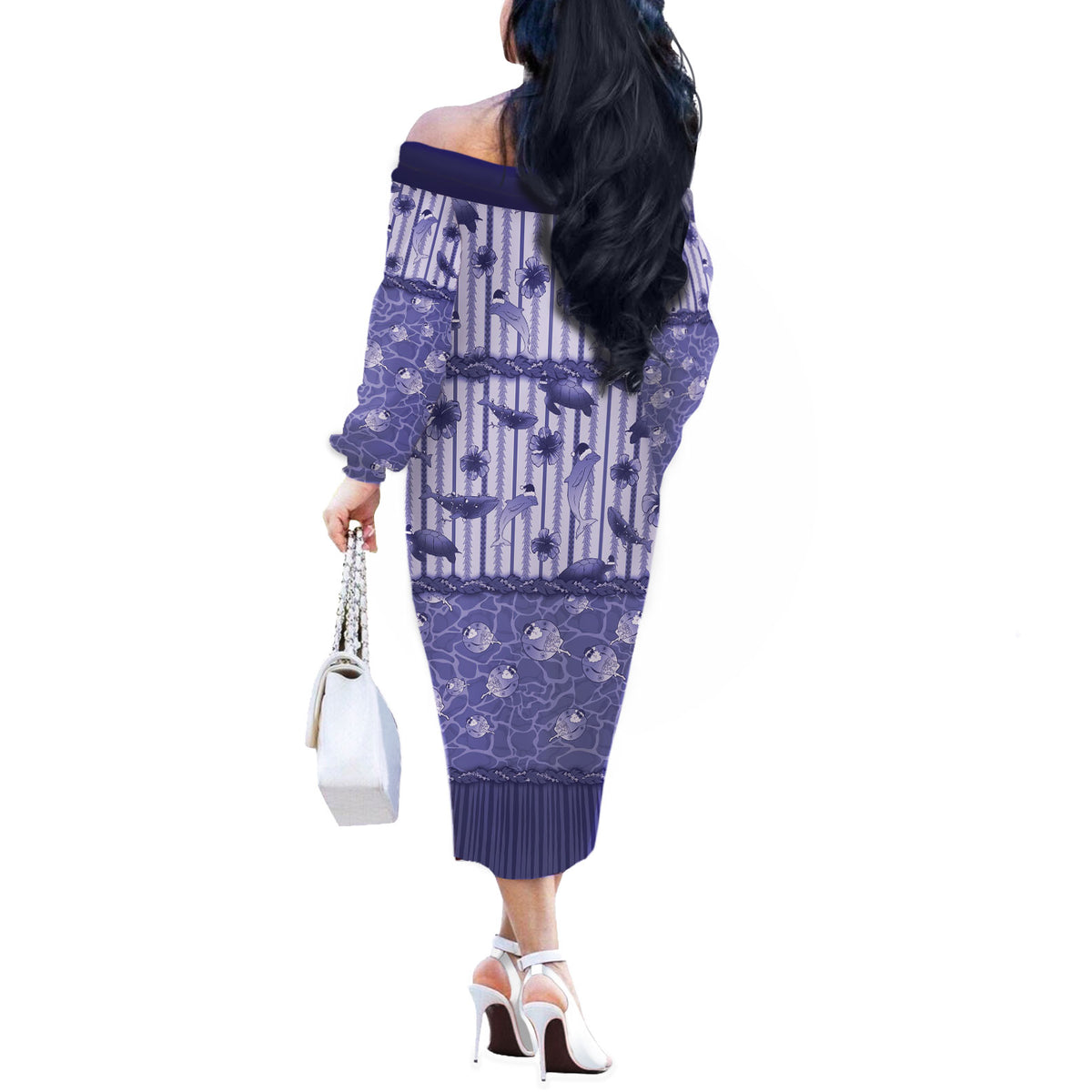 Hawaii Christmas In July Off The Shoulder Long Sleeve Dress Amethyst Purple Mele Kalikimaka Sea Animals