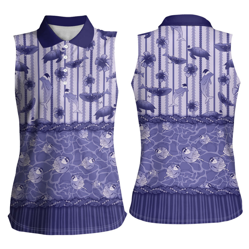 Hawaii Christmas In July Women Sleeveless Polo Shirt Amethyst Purple Mele Kalikimaka Sea Animals