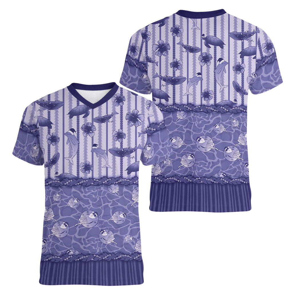 Hawaii Christmas In July Women V-Neck T-Shirt Amethyst Purple Mele Kalikimaka Sea Animals