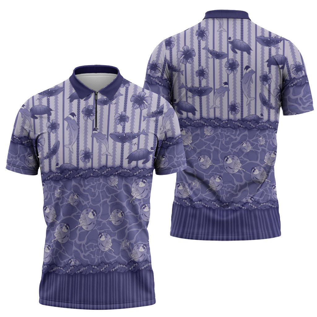 Hawaii Christmas In July Zipper Polo Shirt Amethyst Purple Mele Kalikimaka Sea Animals