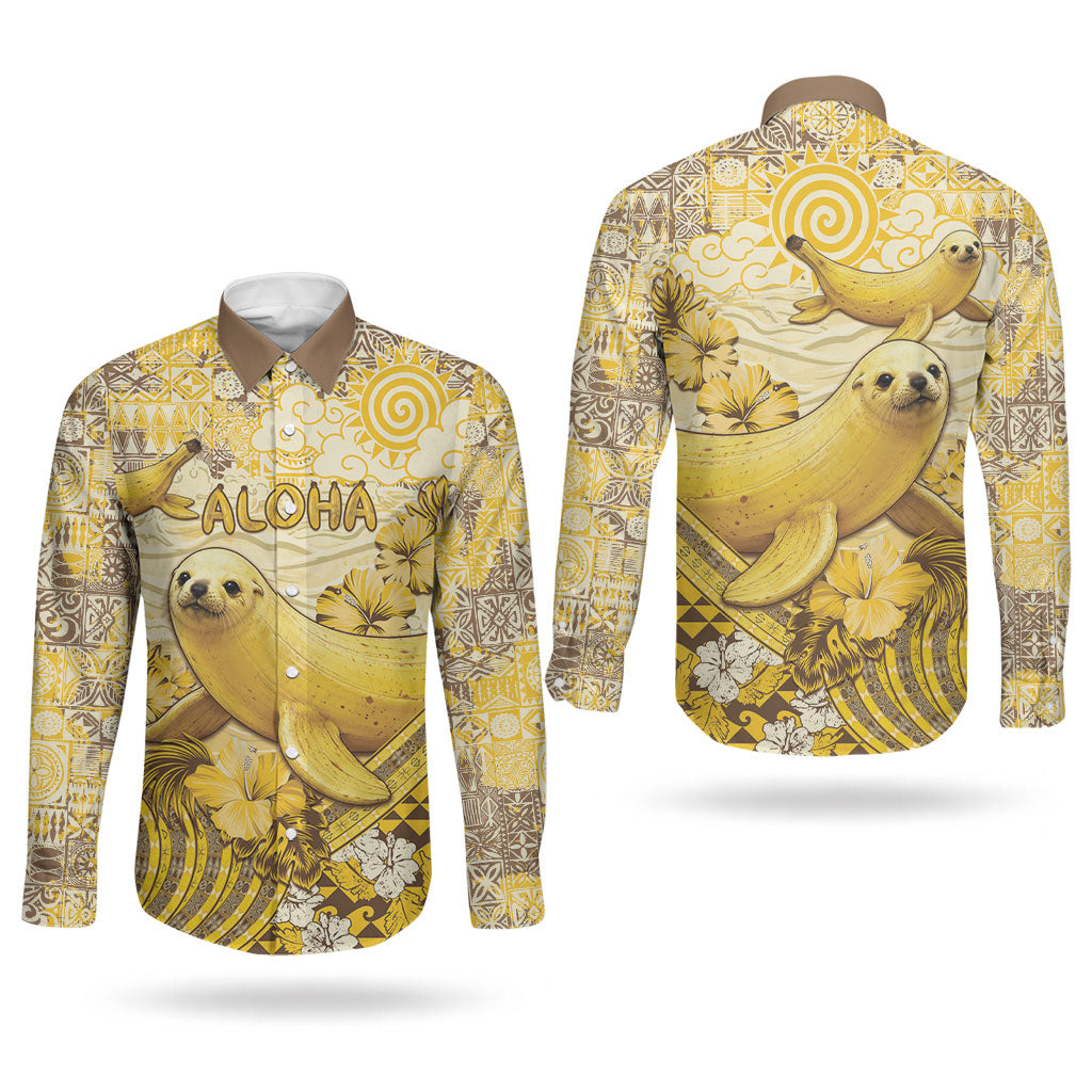 Hawaii Banana Seal Couples Matching Mermaid Dress and Long Sleeve Button Shirt Ilio Holo I Ka Uaua Aloha