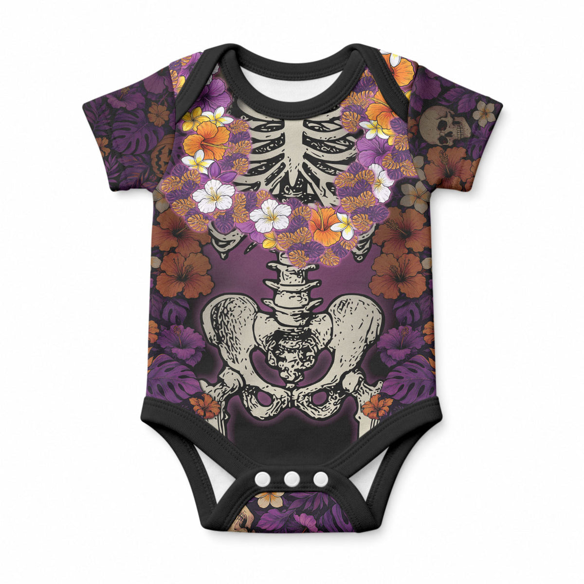 Hawaii Halloween Baby Onesie Skeleton Bones Flower Lei Tropical Floral