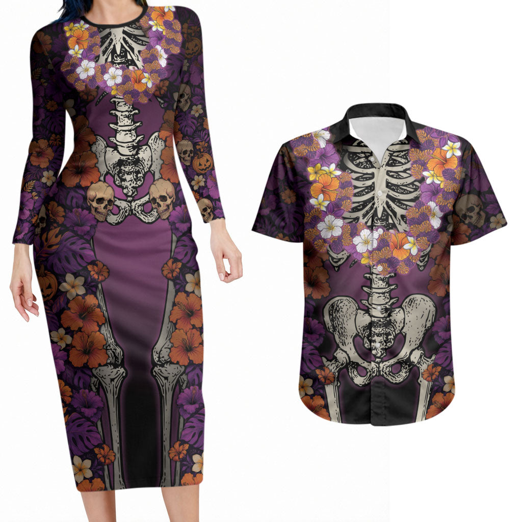 Hawaii Halloween Couples Matching Long Sleeve Bodycon Dress and Hawaiian Shirt Skeleton Bones Flower Lei Tropical Floral DT05 Black - Polynesian Pride