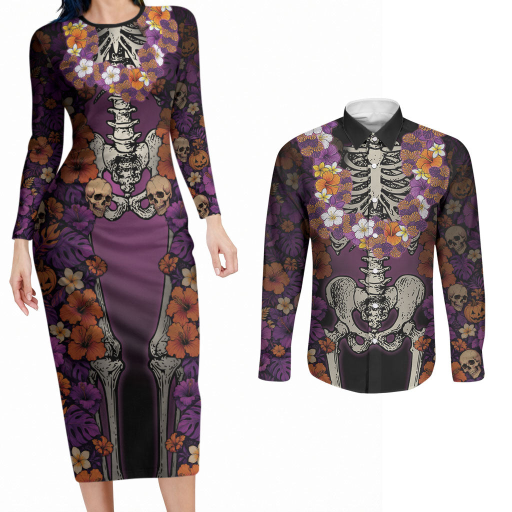 Hawaii Halloween Couples Matching Long Sleeve Bodycon Dress and Long Sleeve Button Shirt Skeleton Bones Flower Lei Tropical Floral