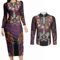 Hawaii Halloween Couples Matching Long Sleeve Bodycon Dress and Long Sleeve Button Shirt Skeleton Bones Flower Lei Tropical Floral