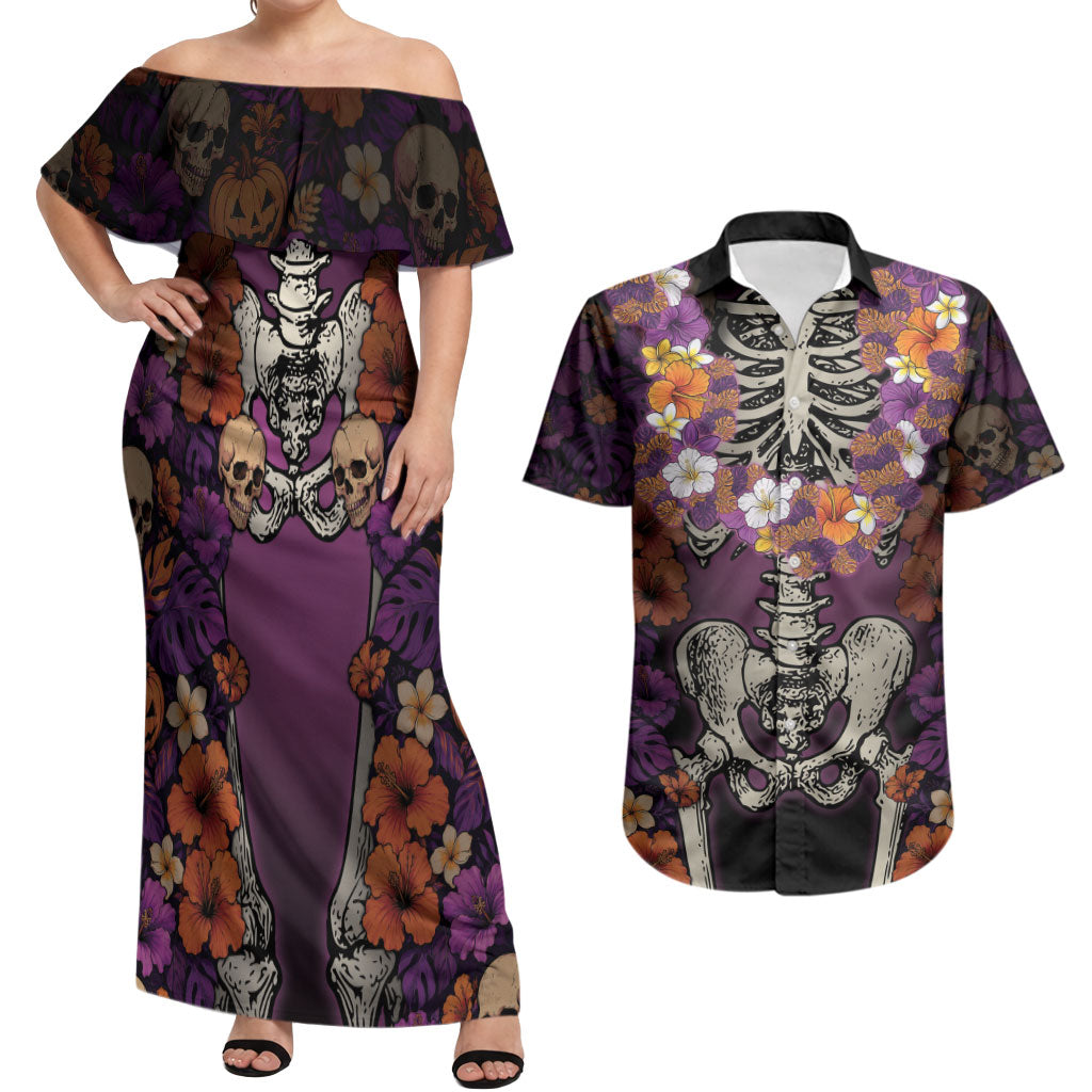Hawaii Halloween Couples Matching Off Shoulder Maxi Dress and Hawaiian Shirt Skeleton Bones Flower Lei Tropical Floral DT05 Black - Polynesian Pride