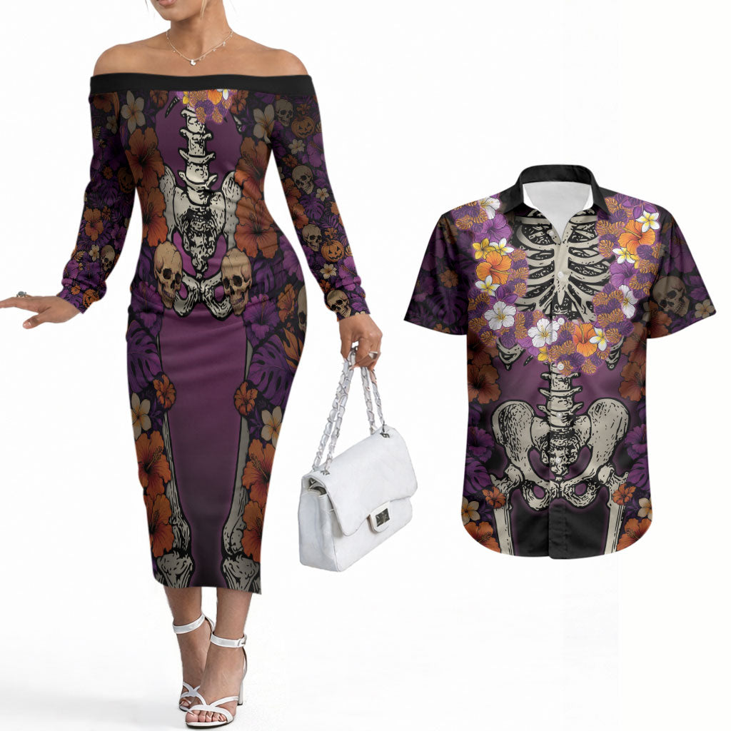 Hawaii Halloween Couples Matching Off The Shoulder Long Sleeve Dress and Hawaiian Shirt Skeleton Bones Flower Lei Tropical Floral DT05 Black - Polynesian Pride