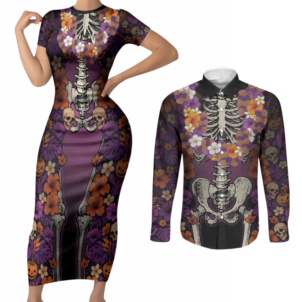 Hawaii Halloween Couples Matching Short Sleeve Bodycon Dress and Long Sleeve Button Shirt Skeleton Bones Flower Lei Tropical Floral