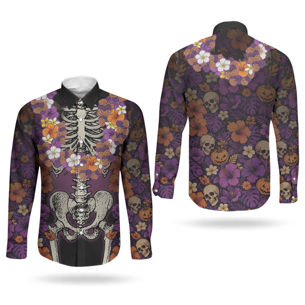 Hawaii Halloween Couples Matching Short Sleeve Bodycon Dress and Long Sleeve Button Shirt Skeleton Bones Flower Lei Tropical Floral