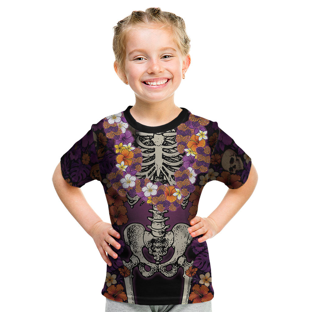 Hawaii Halloween Kid T Shirt Skeleton Bones Flower Lei Tropical Floral DT05 Black - Polynesian Pride