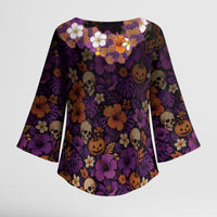 Hawaii Halloween Kimono Sleeve Blouse Skeleton Bones Flower Lei Tropical Floral