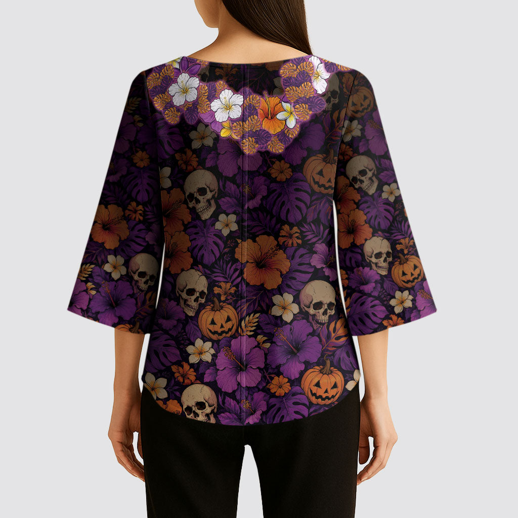 Hawaii Halloween Kimono Sleeve Blouse Skeleton Bones Flower Lei Tropical Floral