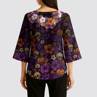 Hawaii Halloween Kimono Sleeve Blouse Skeleton Bones Flower Lei Tropical Floral