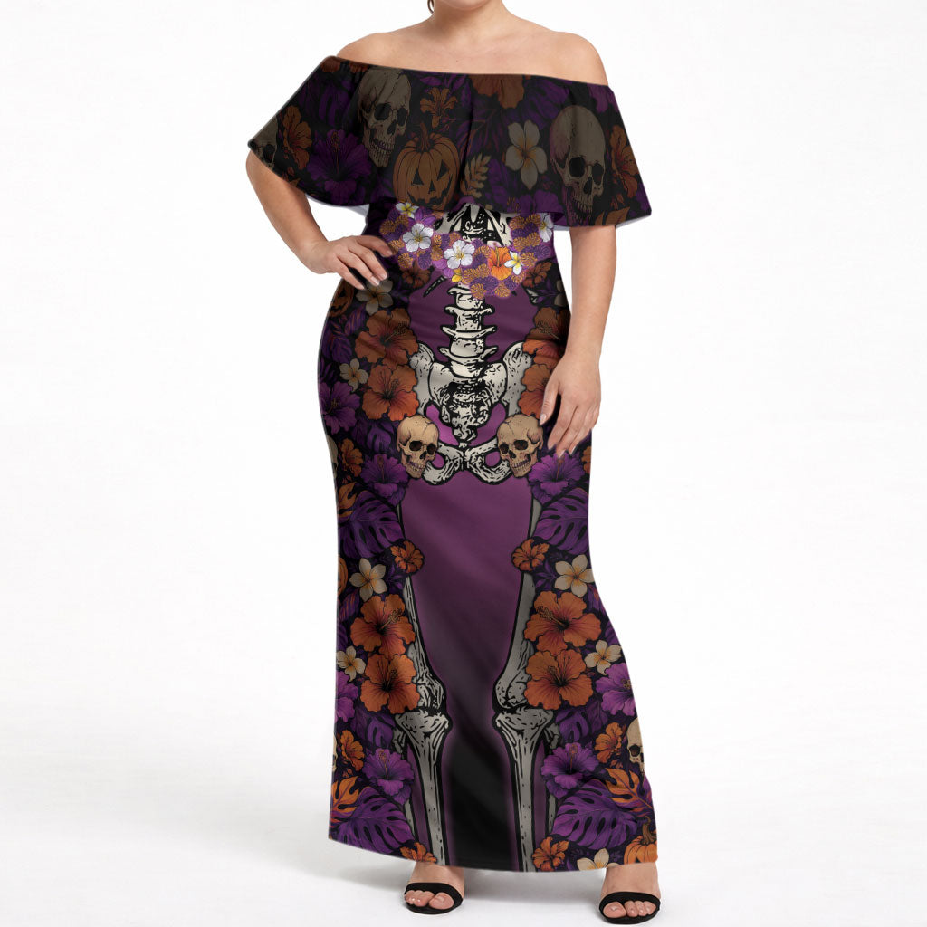 Hawaii Halloween Off Shoulder Maxi Dress Skeleton Bones Flower Lei Tropical Floral